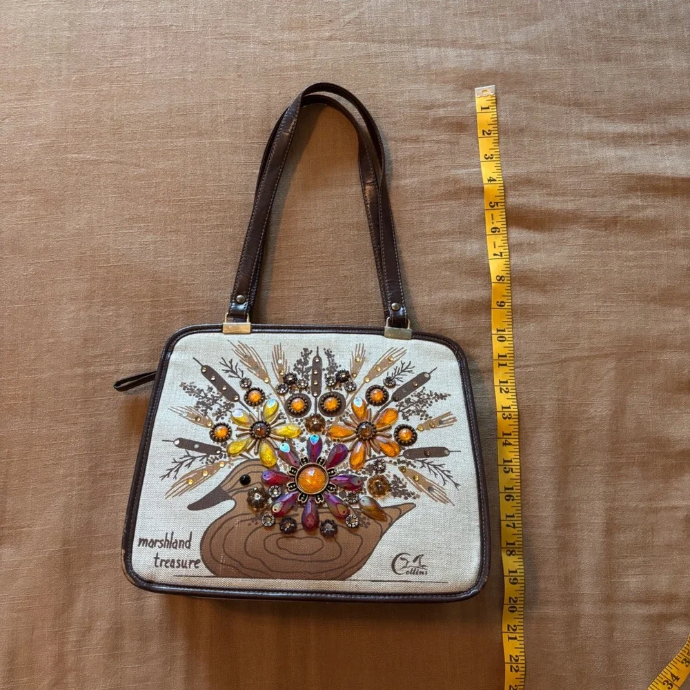 Enid Collins Handbag Marshland Treasure Medium Canvas Jeweled Brown Vintage 60s